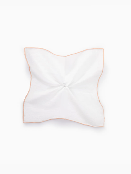 White Linen Pocket Square with Beige Piping